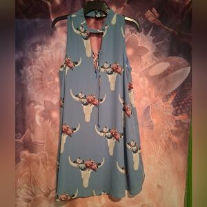 Peach Love California Blue Floral Skull Midi Dress